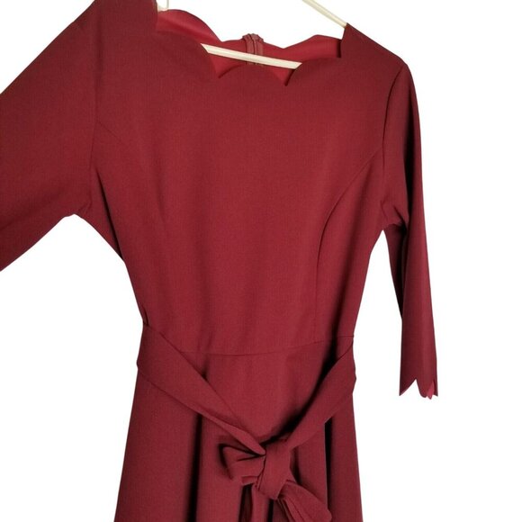 Womens Burgundy Scalloped Neck Long Sleeve Dress Size L Polyester Blend Workwear - Picture 11 of 12